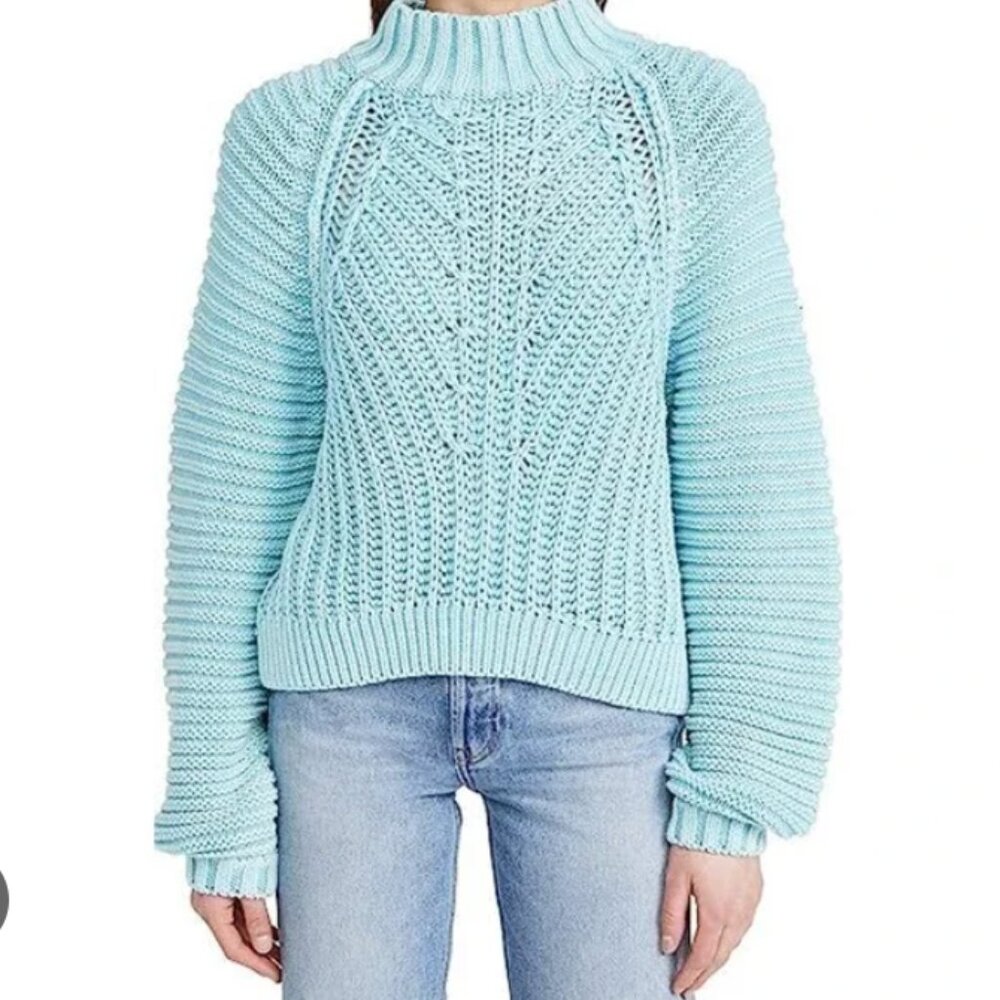 Free People Sweetheart Light Blue Chunky Knit Mock Neck Oversized Sweater